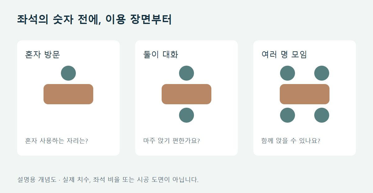 혼자 방문, 둘이 대화, 여러 명이 모임 등 이용 장면에 따른 좌석 구성 개념도