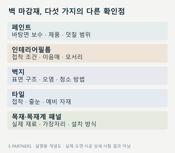 벽 마감재, 다섯 가지의 다른 확인점