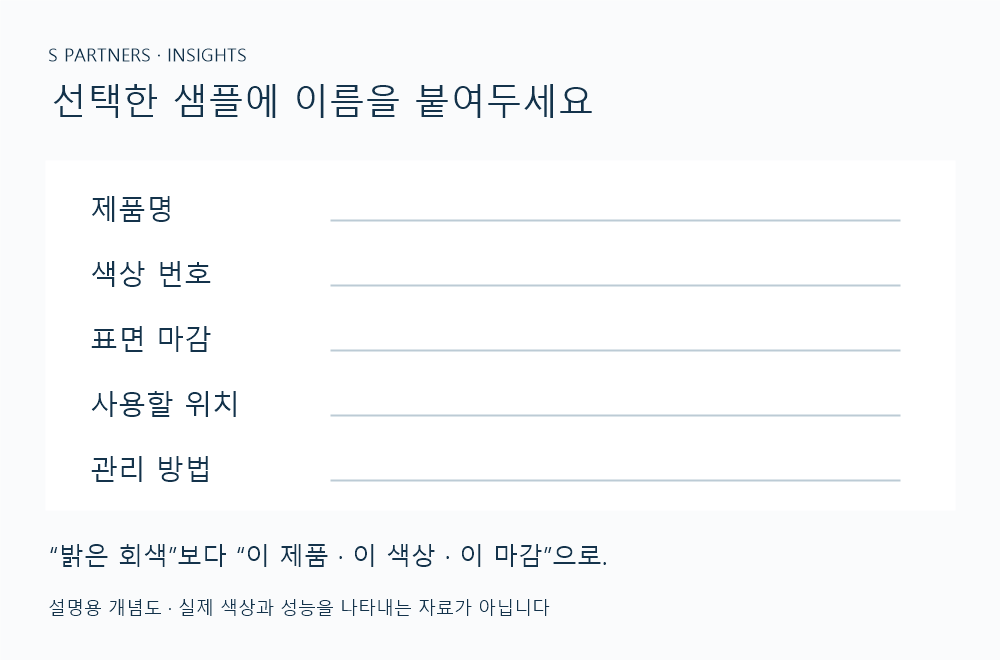 제품명과 색상 번호, 표면 마감, 위치, 관리 방법을 기록하는 개념도